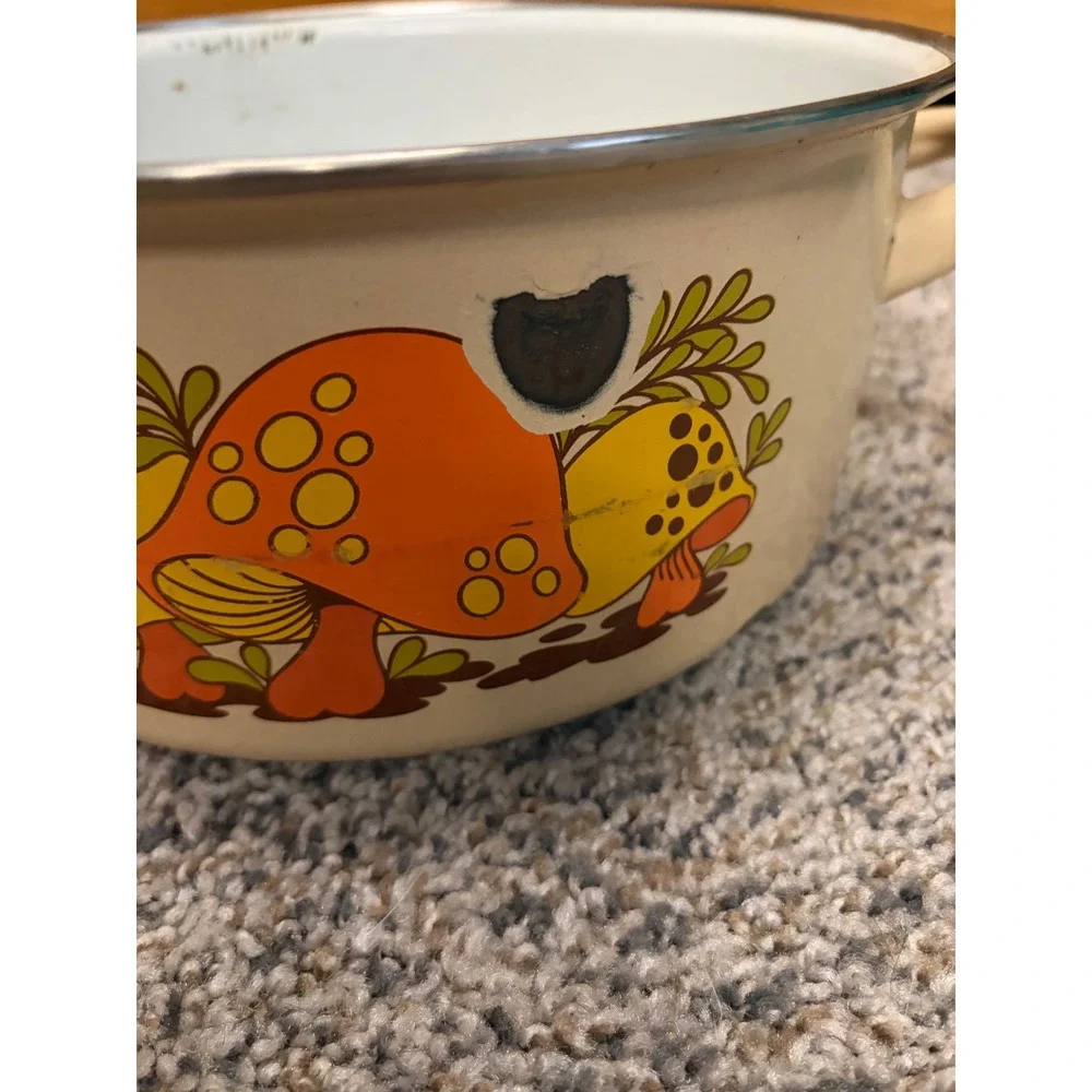 Vintage 70s Enamelware Merry Mushroom Pot Retro